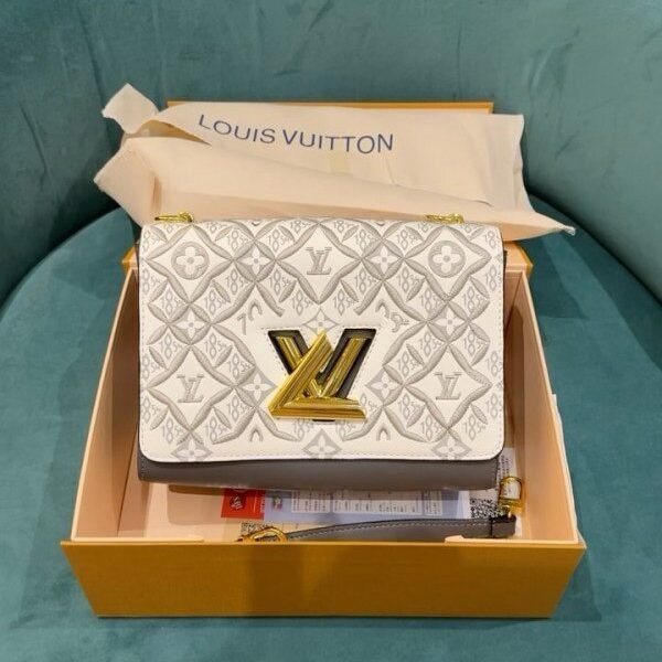 Louis Vuitton Embroidered Twist Logo Premium Double Box Bag With Shoulder Strap (45962-White_Grey)(LB)