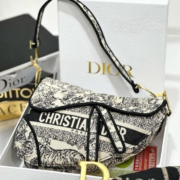 Dior Saddle Black Toile de Jouy Embroidery With OG Box & Dust Bag (Black Tiger-129) (BSB)