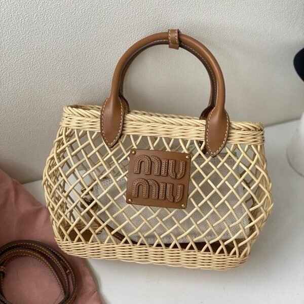 Miu Miu Woven Fabric Handbag With Leather Trim With Pouch With Dust Bag (609 Brown)(LB)