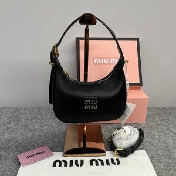 Miu Miu Leather Hobo armpit Bag With OG Box & Dust Bag (359 Black)(LB)